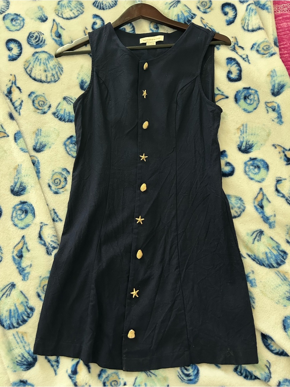 Sleeveless Navy Shift Dress with Gold Star & Shell Buttons